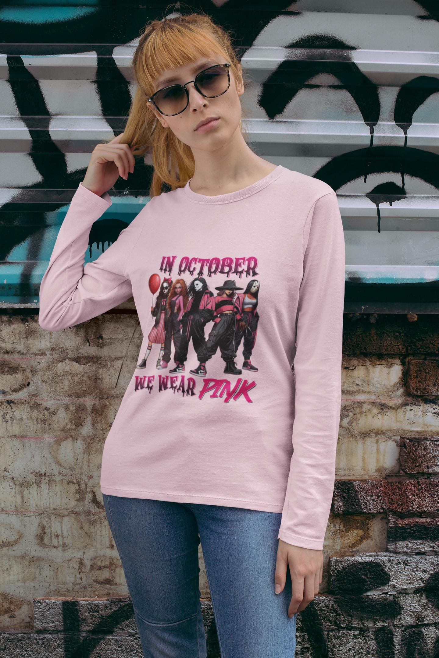 October Pink Awareness Long Sleeve Tee, Unisex Tee, Halloween Shirt, Breast Cancer Awareness Shirt, Cozy Casual Wear, Gift Idea