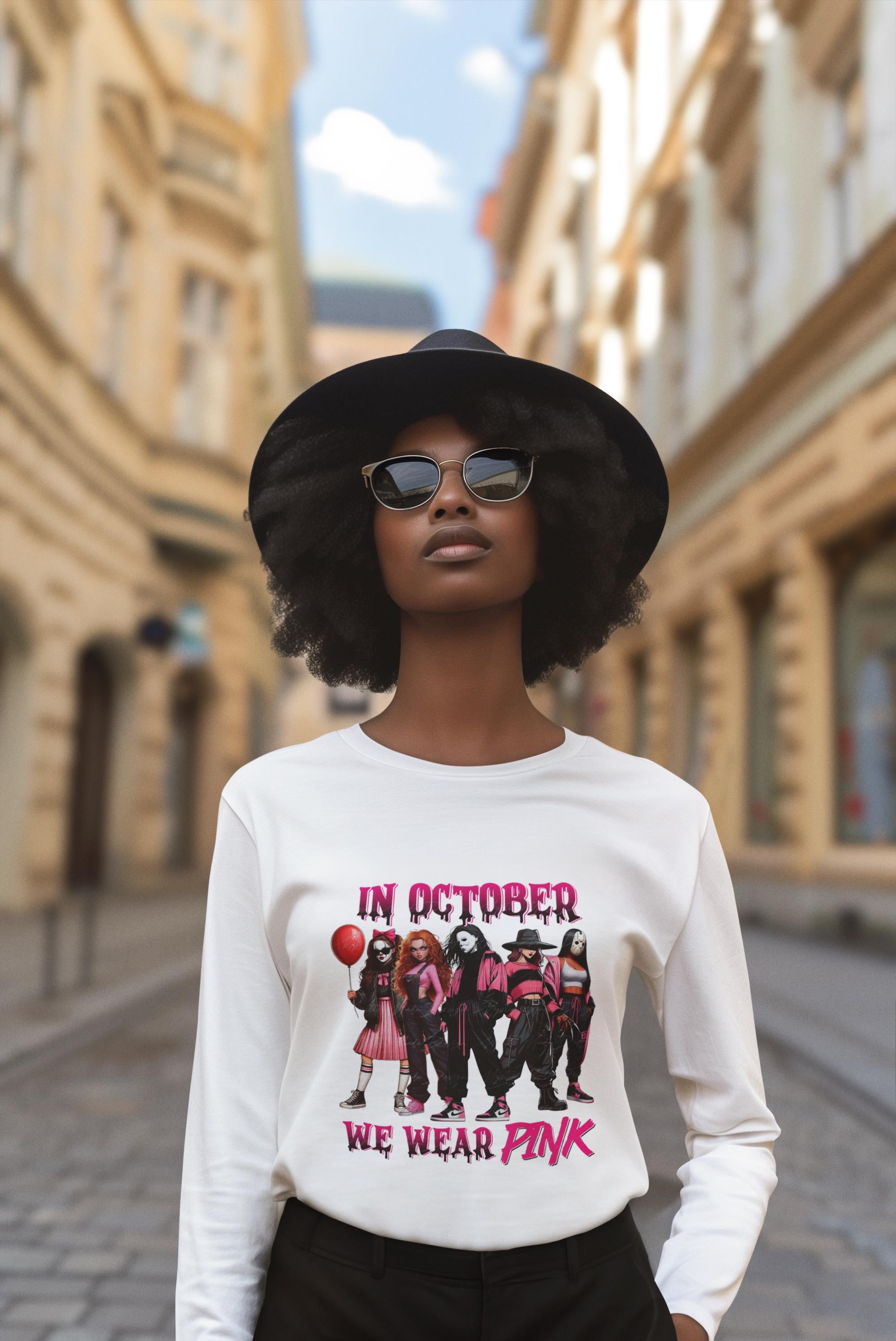 October Pink Awareness Long Sleeve Tee, Unisex Tee, Halloween Shirt, Breast Cancer Awareness Shirt, Cozy Casual Wear, Gift Idea